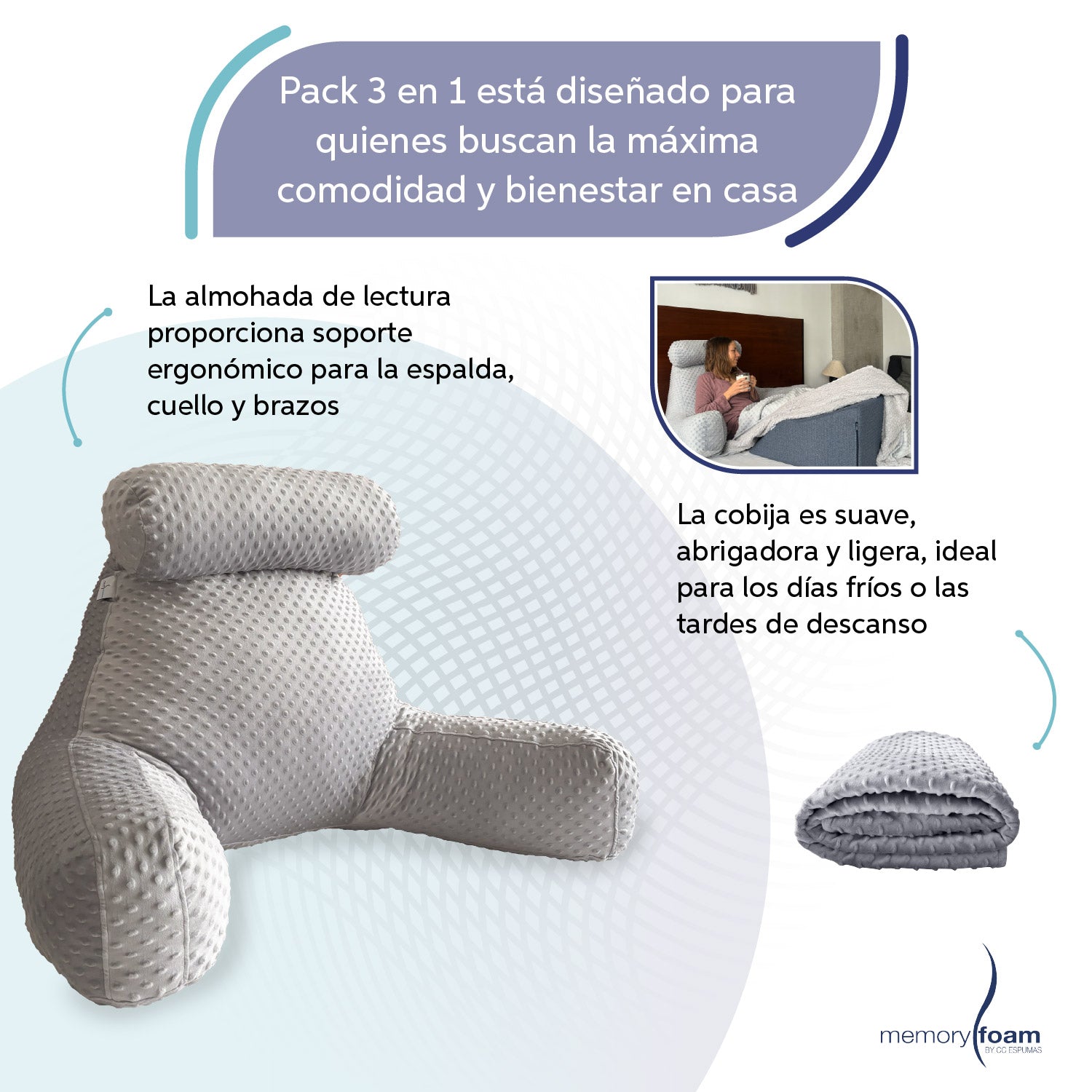 Almohada de lectura de adulto fibra  + Cobija + Cojín varices
